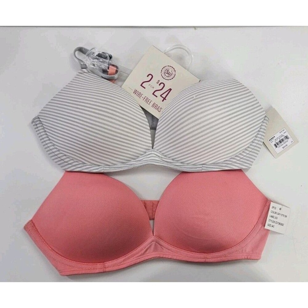 NWT SO 2 Pack 34C Juniors Bras Pink White Grey Wireless Comfort Adjustable Strap